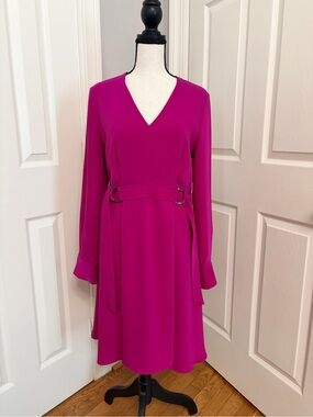 Karen Millen Fuchsia V-Neck Long Sleeve Belted Dress